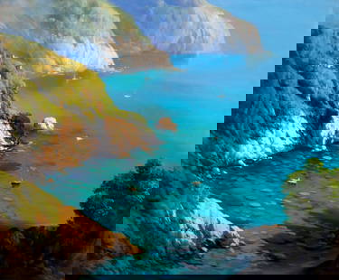 Carlo Cordua (Italy,b 1963) oil painting: ARTIST: Carlo Cordua (Italian, born 1963) TITLE: Italian Coastal Landscape MEDIUM: oil on canvas CONDITION: Unstretched (In-House stretching available). Few minor paint loss