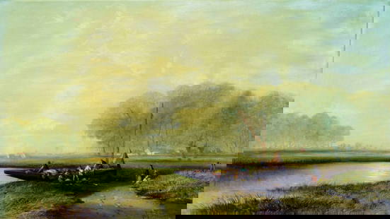 George G Fryer (UK,19C) oil painting antique: ARTIST: George G Fryer (British, 19 century) TITLE: Lake Landscape with Fishing Boat MEDIUM: oil on canvas CONDITION: Relined. Very minor craquelure. Missing a few flakes of