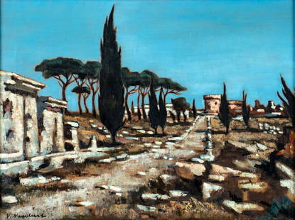 Victor Neubert (France,20C) oil painting: ARTIST: Victor Neubert (French, 20 century) TITLE: Landscape with Appian Way, Rome, Italy YEAR: 1960 MEDIUM: oil on canvas CONDITION: Missing a few flake