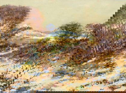 George Graham (UK,1881-1949) watercolor painting antique: ARTIST: George Graham (United Kingdom, 1881 - 1949) TITLE: Landscape - Melting Snow (titled on verso) YEAR: 1914 MEDIUM: watercolor on paper CONDITION:
