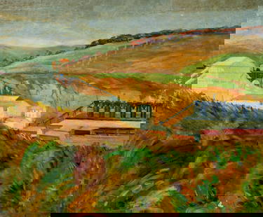 Theodore Gramm (PA,1888-1961) oil painting: ARTIST: Theodore Kennedy Gramm (Pennsylvania, 1888 - 1961) TITLE: Hilly Landscape with Factory MEDIUM: oil on canvas CONDITION: Some scratches/paint losses (see pictures c