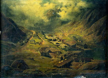 Carl Philipp Weber (PA,German,1849-1922) oil painting antique: ARTIST: Carl Philipp Weber (Pennsylvania, Germany, 1849 - 1922) TITLE: Mountain Village Landscape MEDIUM: oil on canvas CONDITION: Relined. Some scratches/paint losses. So