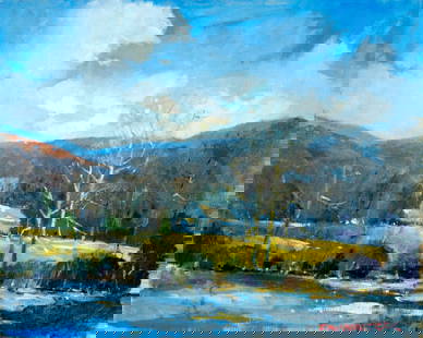 Robert Waltsak (NJ,b 1944) oil painting: ARTIST: Robert Alan Waltsak (New Jersey, born 1944) TITLE: Mountain Landscape with House MEDIUM: oil on canvas CONDITION: Overall good. No visible inpaint under UV light. No