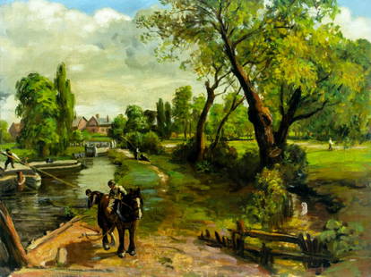 Antique early 20C European oil painting signed: ARTIST: - (Europe, early 20 century) TITLE: Village Landscape MEDIUM: oil on canvas CONDITION: Minor damages to the corners of canvas. One patch-repaired tear with corresp