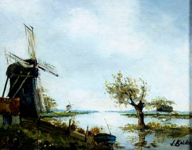 Jan Kelderman (Dutch,1914-1990) oil painting: ARTIST: Jan Kelderman (Netherlands, 1914 - 1990) TITLE: Windmill Landscape MEDIUM: oil on canvas CONDITION: Some craquelure. Some scattered small inpaintings/touch ups.
