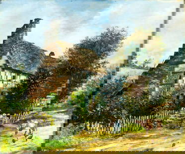 Antique early 20C European oil painting: ARTIST: - (Europe, early 20 century) TITLE: Village Landscape with Cow MEDIUM: oil on canvas. Canvas applied to board. CONDITION: Two nail holes along the upper edge. Some