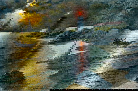 Richard De Ribcowsky (CA,Argentina,1880-1936) oil painting antique: ARTIST: Richard Dey De Ribcowsky (California, Argentinean, Bulgarian, 1880 - 1936) TITLE: Coastal Landscape with Lighthouse MEDIUM: oil on canvas CONDITION: Relined. Few