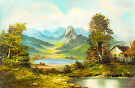 K Gatermann (German,20C) oil painting: ARTIST: K Gatermann (Germany, 20 century) NAME: Landscape MEDIUM: oil on canvas CONDITION: Very good. No visible inpaint under UV light. SIGHT SIZE: 24 x 36 inches / 60 x 91 cm