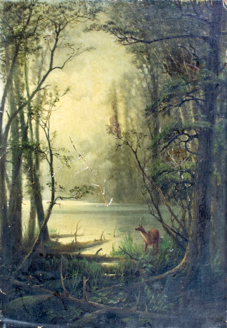 Antique 19C American oil painting: ARTIST: - (American, 19 century) TITLE: River Landscape with Deer MEDIUM: oil on canvas. Canvas applied to board. CONDITION: Some repaired tears. Some paint losses (see pi