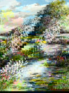 Sang M Lee (South Korea,US,1949-?) oil painting: ARTIST: Sang M Lee (South Korean, American, 1949 - ???) TITLE: Pond Landscape MEDIUM: oil on canvas CONDITION: Unstretched (In-House stretching available). Few minor paint