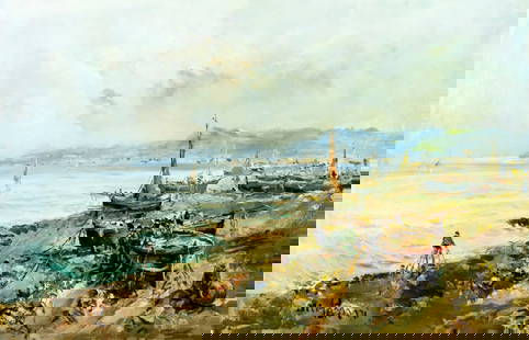 Mario Passoni (Italy,France,1929-?) oil painting: ARTIST: Mario Passoni (Italian, French, 1929 - ???) TITLE: Coastal Scene with Fishing Boats MEDIUM: oil on canvas CONDITION: Unstretched (In-House stretching available). F