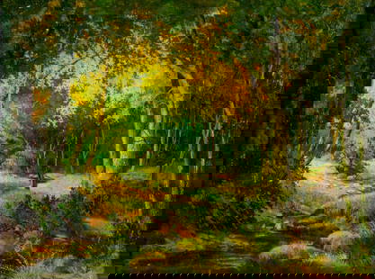 Antique early 20C American oil painting signed: ARTIST: - (American, early 20 century) TITLE: Autumn Forest Stream Landscape MEDIUM: oil on canvas CONDITION: Some patches. Some paint losses. Some craquelure. No visible