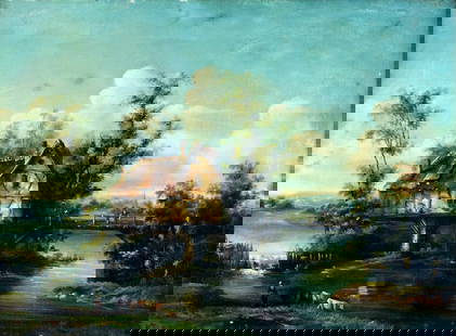 Antique 19C European oil painting: ARTIST: - (Europe, 19 century) TITLE: Lake Landscape with Cottage YEAR: 1886 MEDIUM: oil on canvas CONDITION: Relined. Some scratches/paint losses. Som