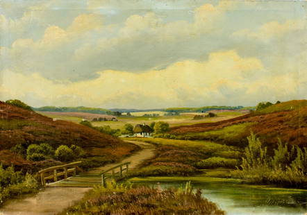 Antique early 20C American oil painting signed: ARTIST: - (American, early 20 century) TITLE: Countryside Landscape MEDIUM: oil on canvas CONDITION: Two small patches. Some damages to lower corners of canvas. Small scra