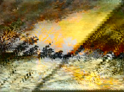 Hirst (UK,19C) oil painting antique: ARTIST: Hirst (United Kingdom, 19 century) TITLE: Sunset Village Landscape MEDIUM: oil on canvas CONDITION: Few minor scratches/paint losses. No visible inpaint under UV lig