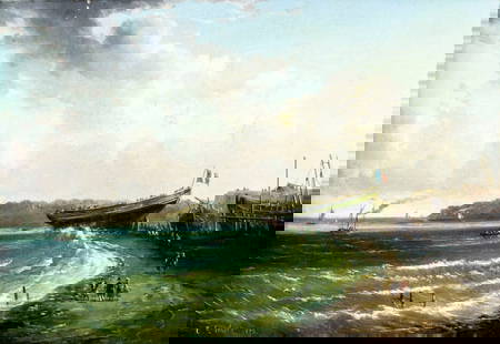 Charles Diebold (UK,19C) oil painting antique: ARTIST: Charles Diebold (United Kingdom, 19 century) TITLE: Coastal Landscape YEAR: 1856 MEDIUM: oil on canvas CONDITION: Relined. Few minor paint losses