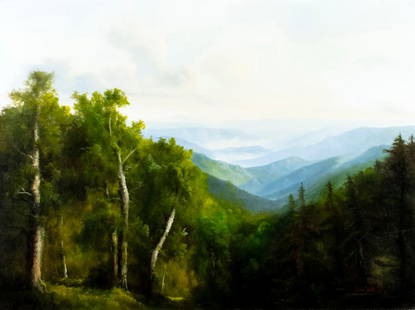 Ron Williams (TN,1947-2016) oil painting: ARTIST: Ron Williams (Tennessee, 1947 - 2016) TITLE: Mountain Landscape MEDIUM: oil on canvas CONDITION: Few minor scratches/paint losses. No visible inpaint under UV ligh