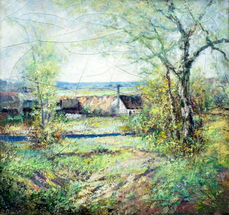 Antique early 20C American oil painting: ARTIST: - (American, early 20 century) TITLE: Country Landscape MEDIUM: oil on canvas CONDITION: Some paint losses in corners. Heavy craquelure. No visible inpaint under U