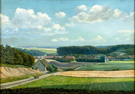 Antique early 20C Danish oil painting: ARTIST: - (Denmark, early 20 century) TITLE: Country Landscape MEDIUM: oil on canvas CONDITION: Relined. Some scratches/paint losses. Minor craquelure. Some scattered in