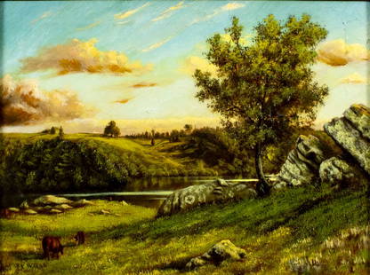 Isabella Waldo (NY,OH,MO,Mexico,1842-1929) oil painting antique: ARTIST: Isabella Vaill Waldo (New York, Ohio, Missouri, Mexican, 1842 - 1929) TITLE: Pastoral Landscape MEDIUM: oil on canvas CONDITION: Some flaking/paint losses. Some cr