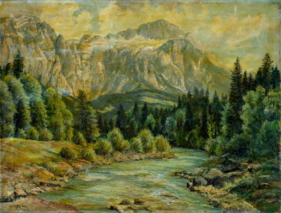 Vintage mid 20C German oil painting signed: ARTIST: - (Germany, mid 20 century) TITLE: Alpine River Landscape YEAR: 1948 MEDIUM: oil on canvas CONDITION: Two patches with corresponding inpainting