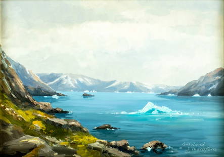 Evelyn Boje Thorbjorn (Denmark,1911-1985) oil painting: ARTIST: Evelyn Boje Thorbjorn (Danish, 1911 - 1985) TITLE: Mountain Lake Landscape MEDIUM: oil on canvas CONDITION: Few small paint losses mostly in the lower right quadra