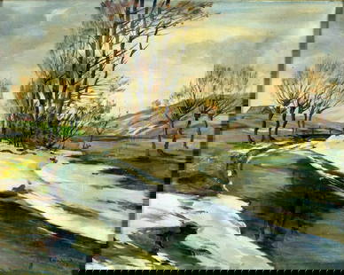 Reinhard (German,mid 20C) oil painting: ARTIST: Reinhard (Germany, mid 20 century) TITLE: Winter Stream Landscape MEDIUM: oil on canvas CONDITION: Few scratches/paint losses. No visible inpaint under UV light. So