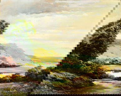 Frank Ferruzza (NJ,MA,1912-1984) oil painting: ARTIST: Frank Ferruzza (New Jersey, Massachusetts, 1912 - 1984) TITLE: Countryside Landscape MEDIUM: oil on canvas CONDITION: Would benefit from cleaning. Some craquelure