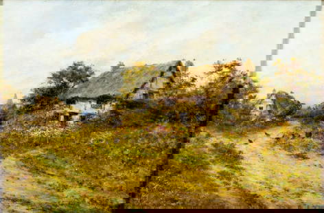 R Cook (UK,early 20C) oil painting antique: ARTIST: R Cook (United Kingdom, early 20 century) TITLE: Village Landscape MEDIUM: oil on canvas CONDITION: Minor craquelure. Few scattered small inpaintings. ART