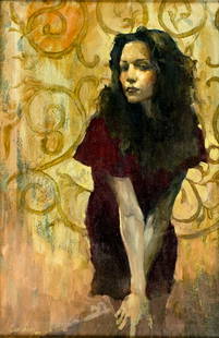 Gregory Calibey (CT,NC,b 1959) oil painting: ARTIST: Gregory Calibey (Connecticut, North Carolina, born 1959) TITLE: Portrait of Woman YEAR: 1998 MEDIUM: oil on canvas CONDITION: Few minor paint los