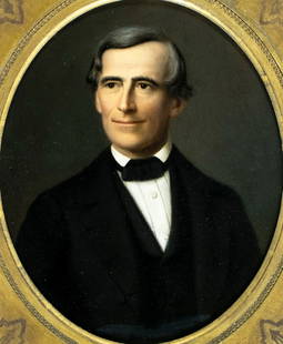 Antique 19C American oil painting: ARTIST: - (American, 19 century) TITLE: Portrait of Man MEDIUM: oil on board CONDITION: Overall good. No visible inpaint under UV light. Some small damages to frame.