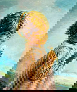 Jose Fuentes de Salamanca (Spain,1934-?) oil painting: ARTIST: Jose Fuentes de Salamanca (Spanish, 1934 - ???) TITLE: Portrait of Girl with Chamomile MEDIUM: oil on canvas CONDITION: Unstretched (In-House stretching available)