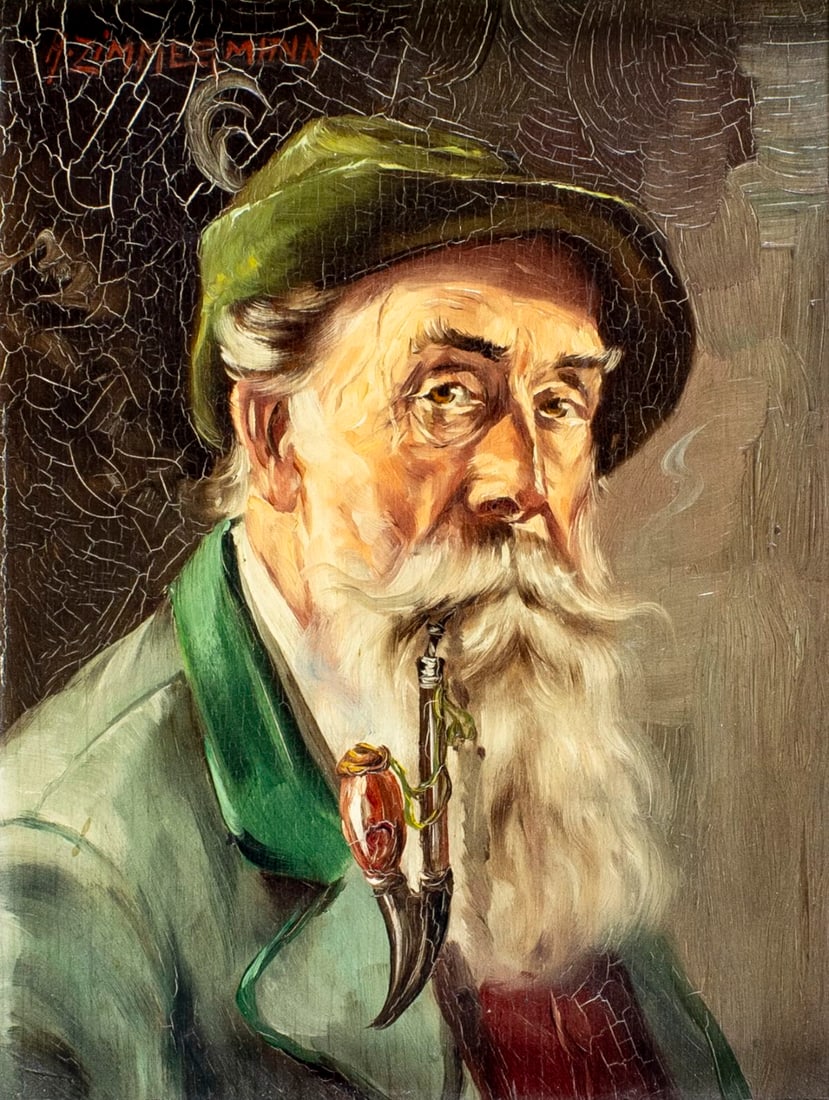 Signed Oil Painting Of Bavarian Man Smoking Pipe