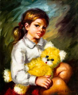 Roser Vinardell (Spain,1941-?) oil painting: ARTIST: Roser Vinardell (Spanish, 1941 - ???) TITLE: Portrait of Girl with Toy MEDIUM: oil on canvas CONDITION: Unstretched (In-House stretching available). Some craquelur