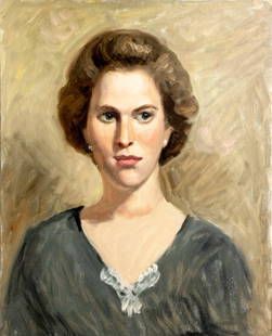 George Holloway (NJ,20C) oil painting: ARTIST: George R Holloway (New Jersey, 20 century) TITLE: Portrait of Woman MEDIUM: oil on canvas board CONDITION: Minor damage to lower left corner. Few very minor paint lo