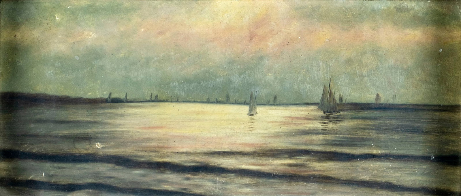 Antique 19C American oil painting: ARTIST: - (American, 19 century) TITLE: Sunset Seascape with Sailboats MEDIUM: oil on board CONDITION: Some small scratches/paint losses. No visible inpaint under UV ligh