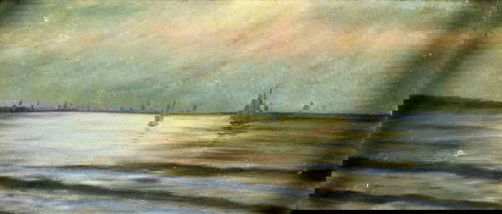 Antique 19C American oil painting: ARTIST: - (American, 19 century) TITLE: Sunset Seascape with Sailboats MEDIUM: oil on board CONDITION: Some small scratches/paint losses. No visible inpaint under UV ligh