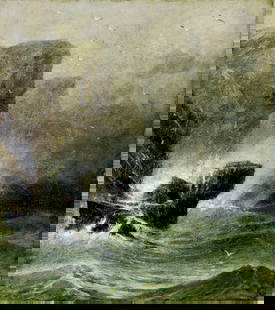 William Weisman (MA,PA,NH,1840-1922) oil painting antique: ARTIST: William H Weisman (Massachusetts, Pennsylvania, New Hampshire, 1840 - 1922) TITLE: Strormy Seascape MEDIUM: oil on canvas CONDITION: Relined. Some small damages to