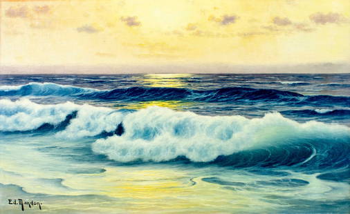 Edouard Mandon (France,1885-1977) oil painting: ARTIST: Edouard Mandon (French, 1885 - 1977) TITLE: Sunset Seascape MEDIUM: oil on canvas CONDITION: Unstretched (In-House stretching available). Few minor paint losses. S