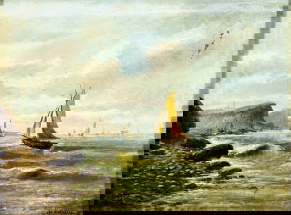 Edward Heaton (UK,1824-?) oil painting antique: ARTIST: Edward Heaton (United Kingdom, 1824 - ???) TITLE: Seascape with Sailboats MEDIUM: oil on canvas CONDITION: Few small patches. Minor damages to the lower corners of