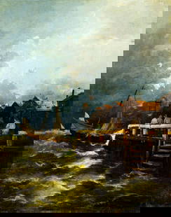 Antique 19C American oil painting signed: ARTIST: - (United States, 19 century) TITLE: Stormy Seascape with Fishermen MEDIUM: oil on canvas. Canvas applied to board. CONDITION: Some paint losses along edges. Some cr