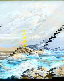 Miller (US,20C) oil painting: ARTIST: Miller (American, 20 century) TITLE: Lighthouse Seascape MEDIUM: oil on canvas board CONDITION: Some paint losses. Some craquelure. No visible inpaint under UV light