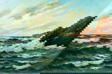 Gerhard Lukas Larsen (German,1911-1965) oil painting: ARTIST: Gerhard Lukas Larsen (Germany, 1911 - 1965) TITLE: Seascape MEDIUM: oil on canvas CONDITION: Unstretched (In-House stretching available). Overall good. No visible