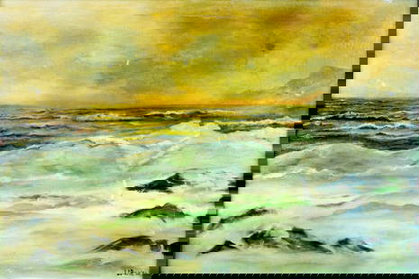 L D Rowe (US,mid 20C) oil painting: ARTIST: L D Rowe (American, mid 20 century) TITLE: Sunset Seascape YEAR: 1964 MEDIUM: oil on canvas CONDITION: One small patch. Some scratches/paint loss