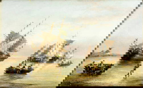 Henry Redmore (UK,1820-1887) oil painting antique: ARTIST: Henry Redmore (United Kingdom, 1820 - 1887) TITLE: Coastal Scene with Boats and Sailships YEAR: 1885 MEDIUM: oil on canvas CONDITION: Some scra