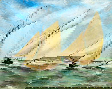 Coady (US,20C) oil painting: ARTIST: Coady (American, 20 century) TITLE: Seascape with Sailboats MEDIUM: oil on board CONDITION: Some small damages to edges and corners. Few small scratches/paint losses