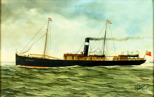 Alfred Jensen (German,Belgian,1859-1935) oil painting antique: ARTIST: Prof Alfred Jansen (Germany, Belgium, 1859 - 1935) TITLE: Steam-Sail Ship YEAR: 1905 MEDIUM: oil on canvas CONDITION: Minor paint losses in the