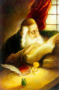 Leytush (US,20C) oil painting: ARTIST: Leytush (American, 20 century) TITLE: Rabbi Reading Torah YEAR: 1996 MEDIUM: oil on board CONDITION: Some damages to corners. Some scratches/pain