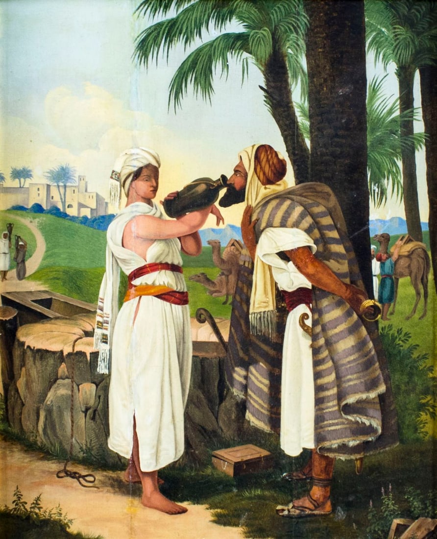 Hager (Europe,19C) oil painting antique: ARTIST: Hager (European, 19 century) NAME: Rebecca and Eliezer at the Well MEDIUM: oil on board CONDITION: Board has some vertical cracks. Some inpaintings along cracks. Minor stable craquel
