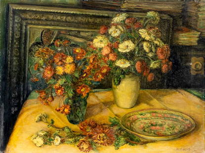Helen Roberts (US,1884-1994) oil painting: ARTIST: Helen L Roberts (American, 1884 - 1994) TITLE: Still Life - Flowers in the Studio (titled on label) MEDIUM: oil on canvas CONDITION: Minor scratches/paint losses m